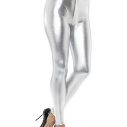 Smiffys 80's Metallic Leggings, Silver 1980's & 90's