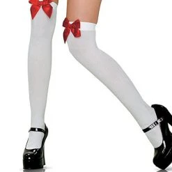 Leg Avenue Nylon Thigh Highs, White With Red Bows
