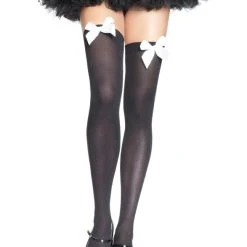 Leg Avenue Nylon Thigh Highs, Black With Pink Bow Hoisery
