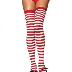 Leg Avenue Nylon Thigh Highs, White And Red Hoisery