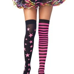 Leg Avenue Nylon Thigh Highs, Pink And Black Stars And Stripes Hoisery